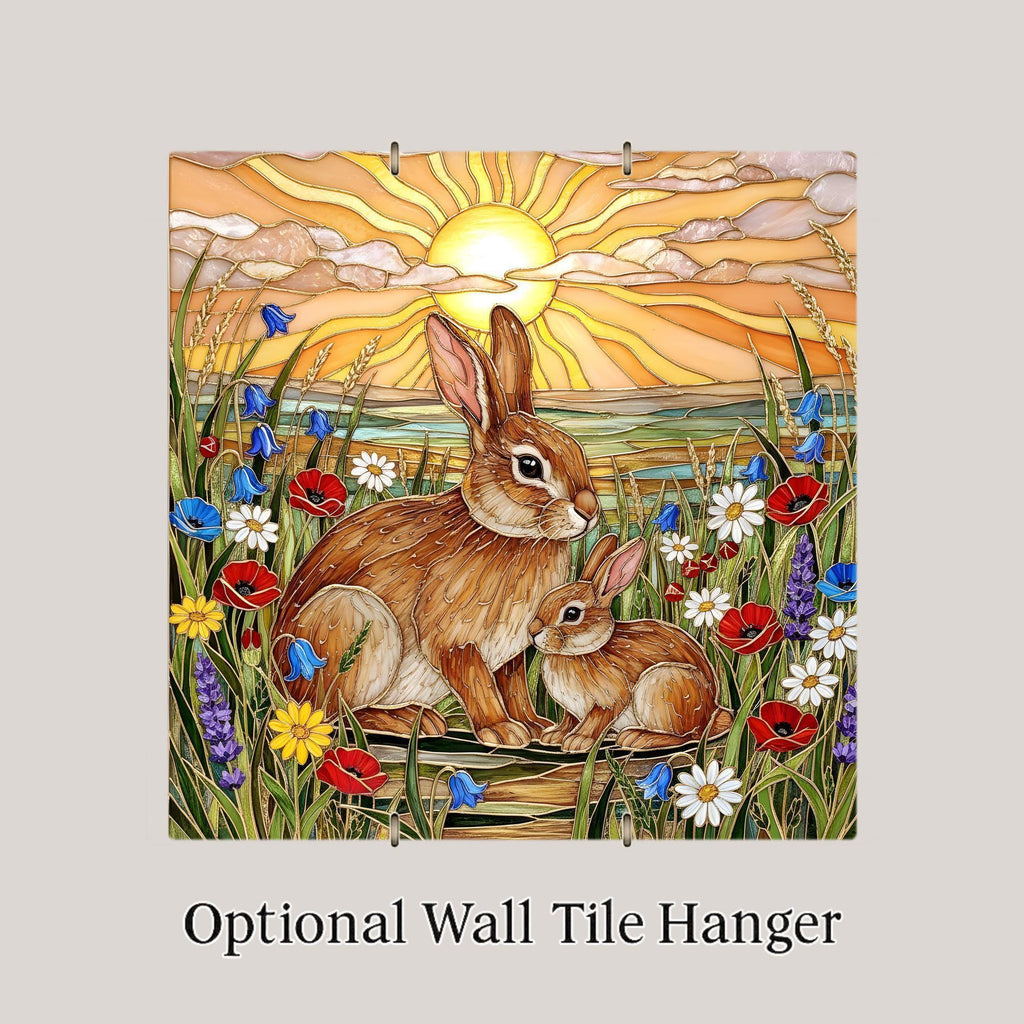 Mother and Baby Rabbit Ceramic Tile Wall Art Stained Glass Style Woodland Nursery New Mom Baby Shower Decor