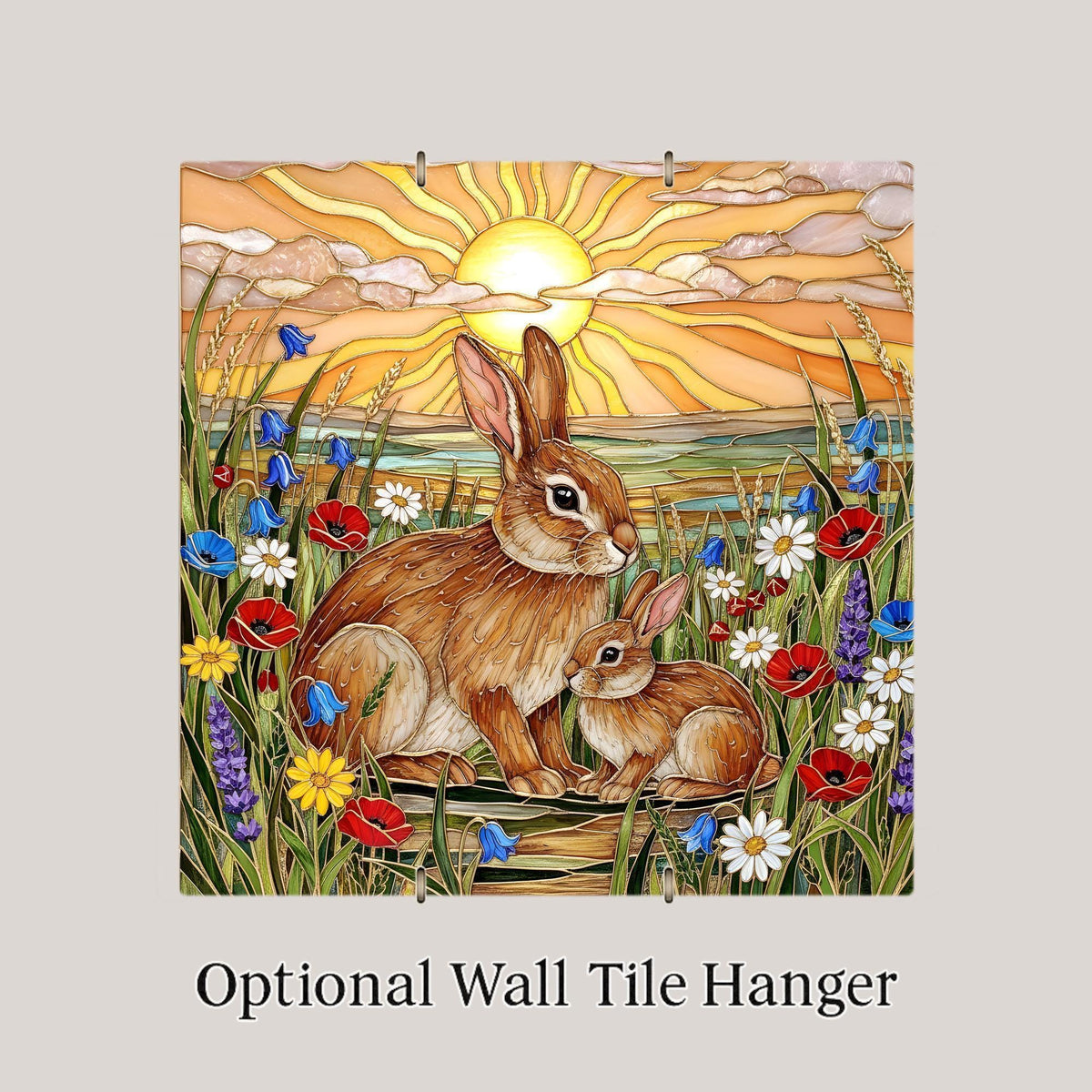 Mother and Baby Rabbit Ceramic Tile Wall Art Stained Glass Style Woodland Nursery New Mom Baby Shower Decor