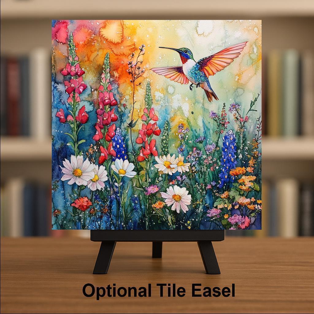 Hummingbird Wall Art Ceramic Tile Watercolor Floral Gift Poppy Bluebell Garden Decor Birdwatcher Nature