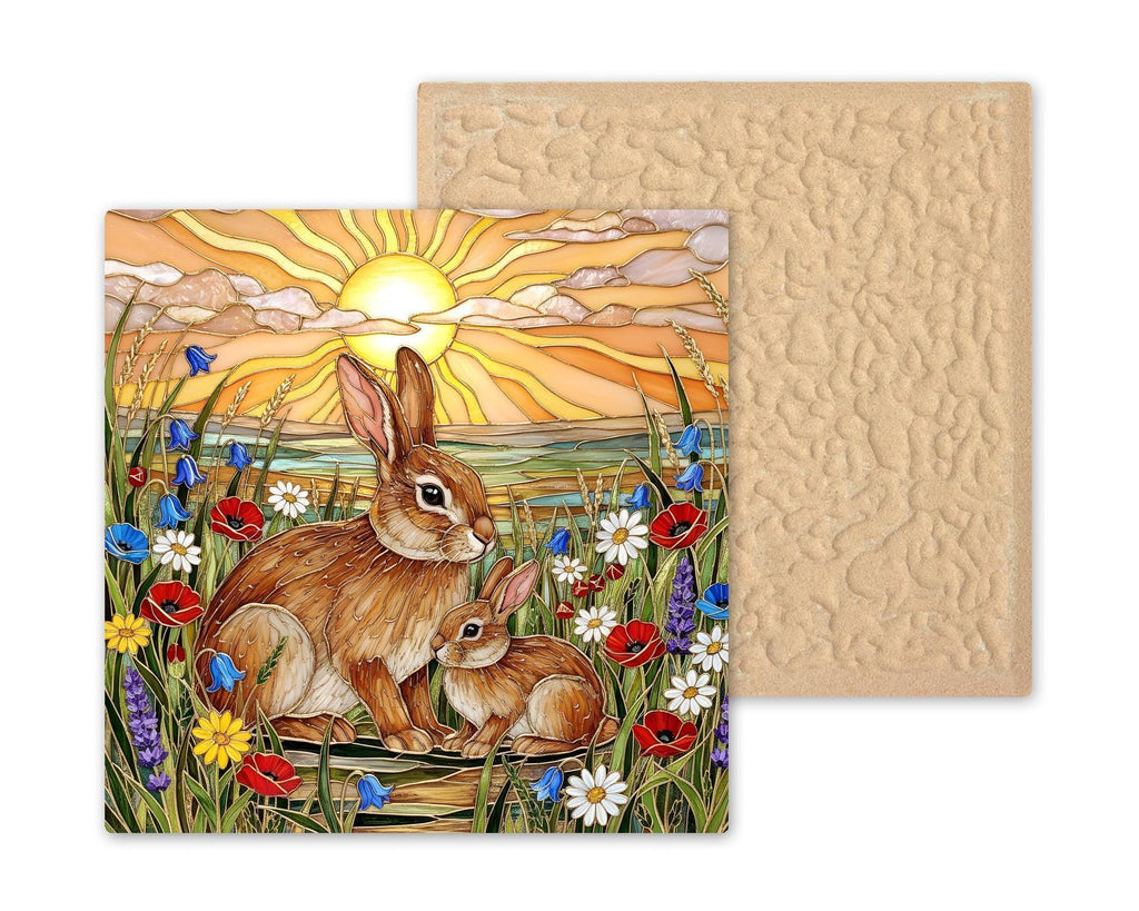 Mother and Baby Rabbit Ceramic Tile Wall Art Stained Glass Style Woodland Nursery New Mom Baby Shower Decor