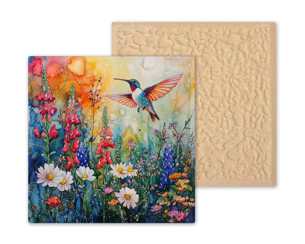 Hummingbird Wall Art Ceramic Tile Watercolor Floral Gift Poppy Bluebell Garden Decor Birdwatcher Nature
