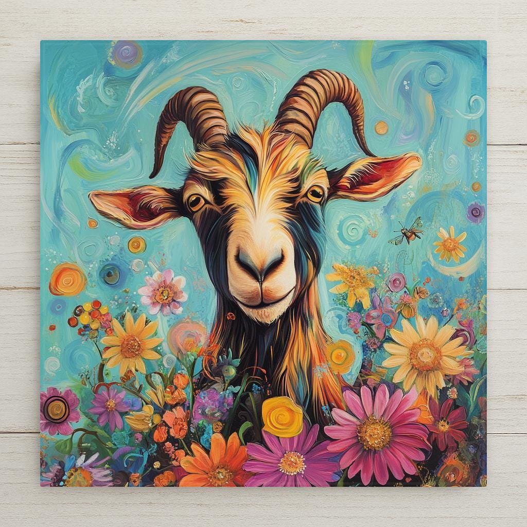 This fantastical ceramic tile wall art features a delightfully mischievous goat wall decor surrounded by a garden of psychedelic blooms. Its vibrant fur — streaked with indigo, violet, and yellow — pops against a swirling turquoise sky filled with oversized daisies, cosmos, and button-studded petals. With sculpted textures and playful surrealism, it’s a vibrant fusion of folk art and fantasy.