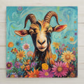This fantastical ceramic tile wall art features a delightfully mischievous goat wall decor surrounded by a garden of psychedelic blooms. Its vibrant fur — streaked with indigo, violet, and yellow — pops against a swirling turquoise sky filled with oversized daisies, cosmos, and button-studded petals. With sculpted textures and playful surrealism, it’s a vibrant fusion of folk art and fantasy.