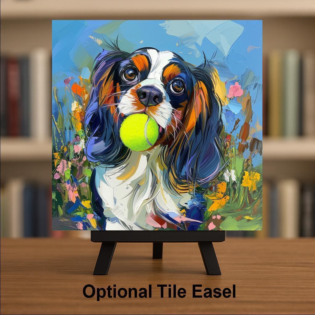 Cavalier King Charles Spaniel Dog Painting Ceramic Art Tile – Colorful Pet Wall Decor, Playful Dog Lover