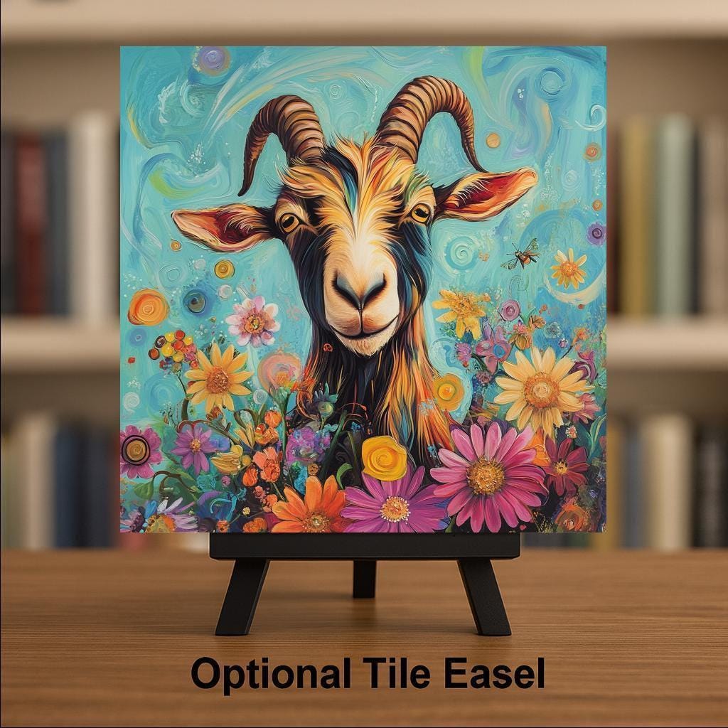 Psychedelic Goat Wall Art Ceramic Tile Funny Gift Whimsical Folk Art Decor Quirky Animal Art Goat Lover Gift Tile