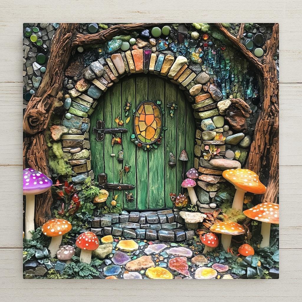 Add whimsy to your home with this mosaic fairy house ceramic tile featuring a green door and vibrant fantasy details. Perfect for wall decor, shelf display, or a handmade gift for her. Ideal for cottagecore and fairycore lovers. Pairs beautifully with an optional easel or as a magical accent in any space.