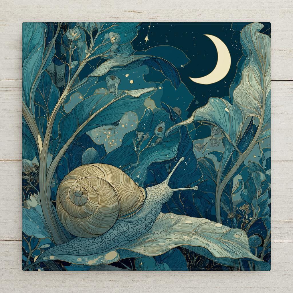 Whimsical witchy ceramic art tile of a snail on a leaf in a moonlit night garden with teal foliage, gold accents, a crescent moon, and stars, celestial cottagecore and enchanted forest decor.