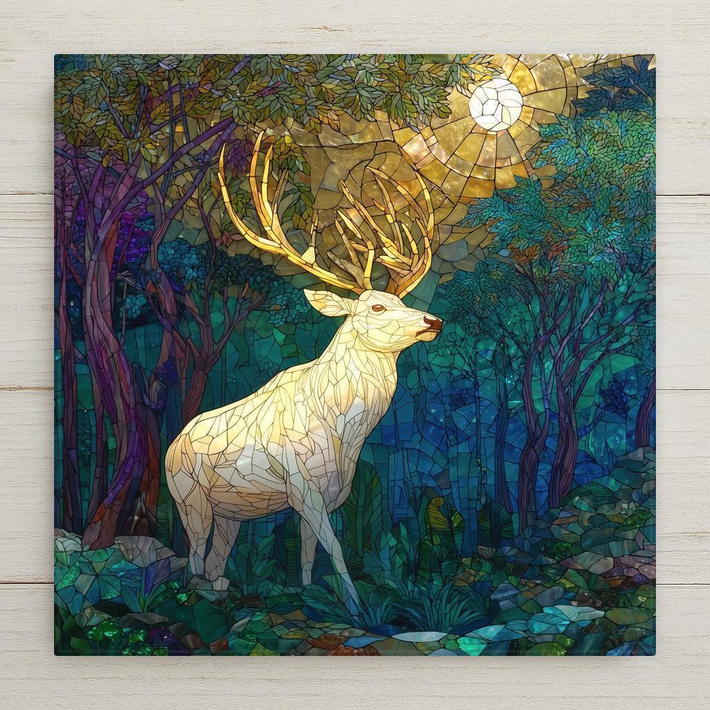 Stained glass style white stag ceramic tile with a luminous white deer glowing in warm gold and silver light against deep cobalt and teal enchanted forest shadows, mystical and ethereal, a vivid magical forest and nature lover gift.