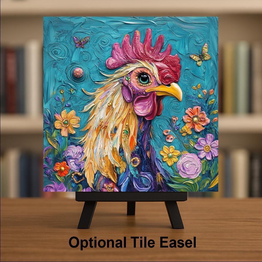Rooster Wall Art Ceramic Tile Stained Glass Style Farmhouse Gift Rustic Kitchen Nature Country Decor Art