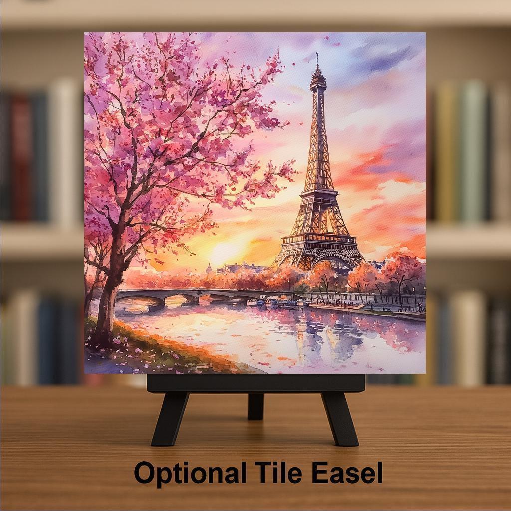 Eiffel Tower Wall Art Ceramic Tile Paris Gift Cherry Blossom Decor Romantic France Art Travel Lover Gift Tile