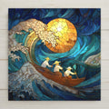 Stained glass style fisherman at sea ceramic tile with a lone boat silhouetted against dramatic cobalt and midnight teal ocean swells at dusk, warm amber horizon light, a vivid and dramatic sea fishing and nautical wall art gift.
