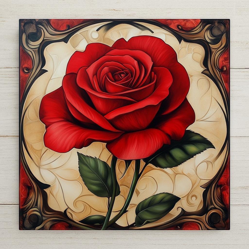 Crimson rose ceramic tile home decor in a Mucha-inspired Art Nouveau style. A romantic floral accent for vintage, cottagecore, wall decor or Valentine’s Day wall art.