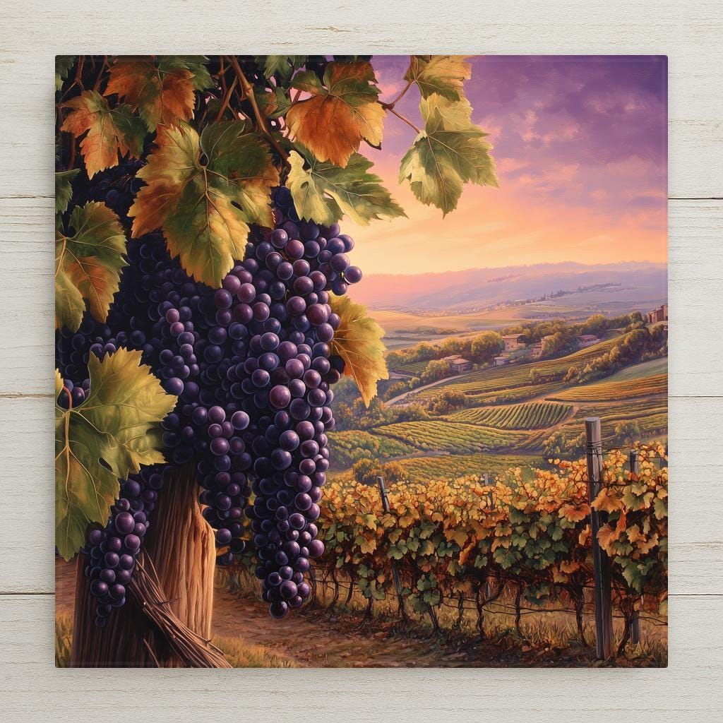 Inspired by the romanticism of Tuscany and the timeless beauty of European vineyards, this art tile combines rustic realism with artistic flair. The painting-like detail of the grape leaves, textured vines, and glowing landscape evokes classic oil landscapes but rendered in vivid ceramic form. A true tribute to viticulture, this design echoes the passion of harvest time and the tranquility of rural countryside. It’s ideal for those who appreciate nature’s bounty and artisan craftsmanship.