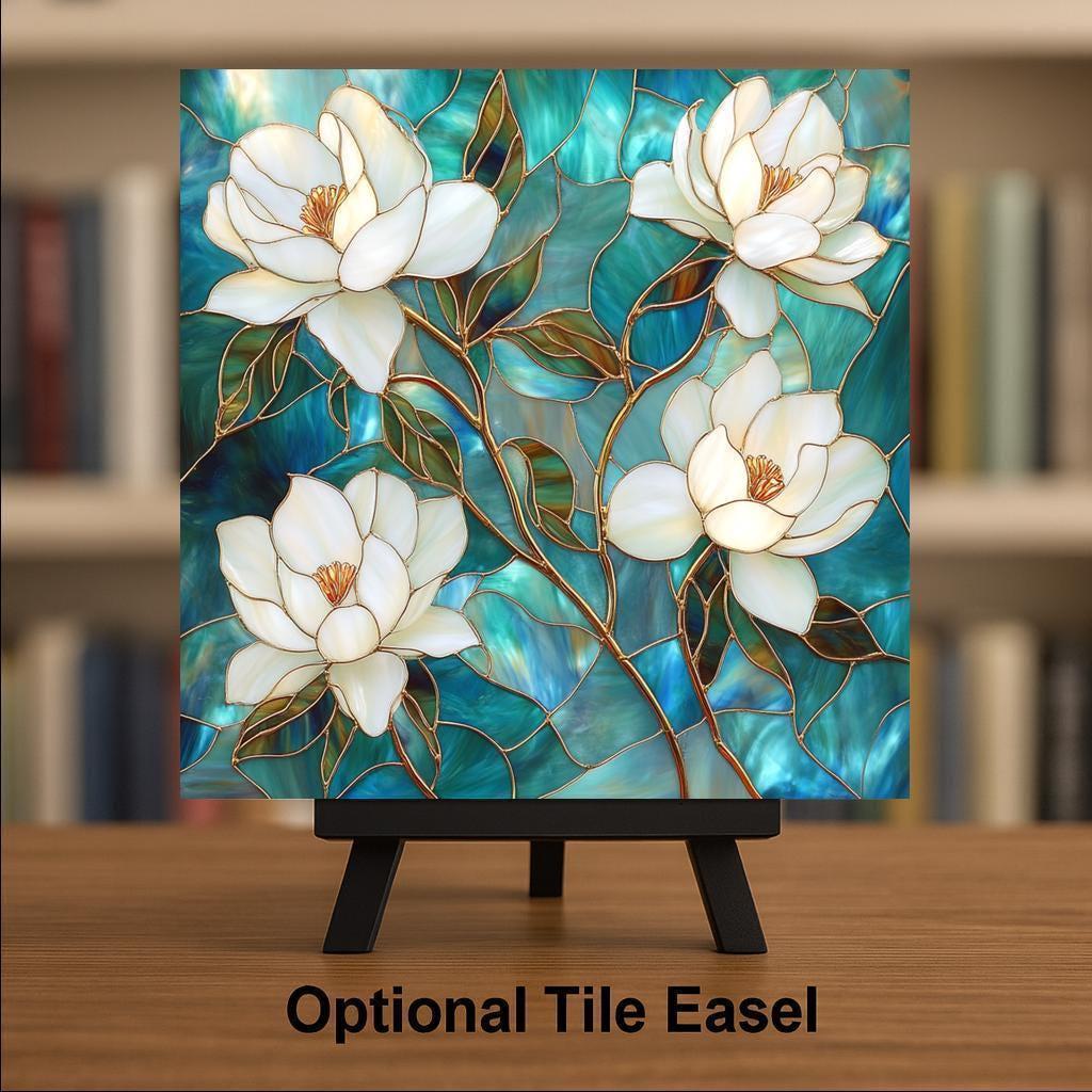 Magnolia Wall Art Ceramic Tile Art Nouveau Gift William Morris Style Stained Glass Floral Decor Botanical Nature