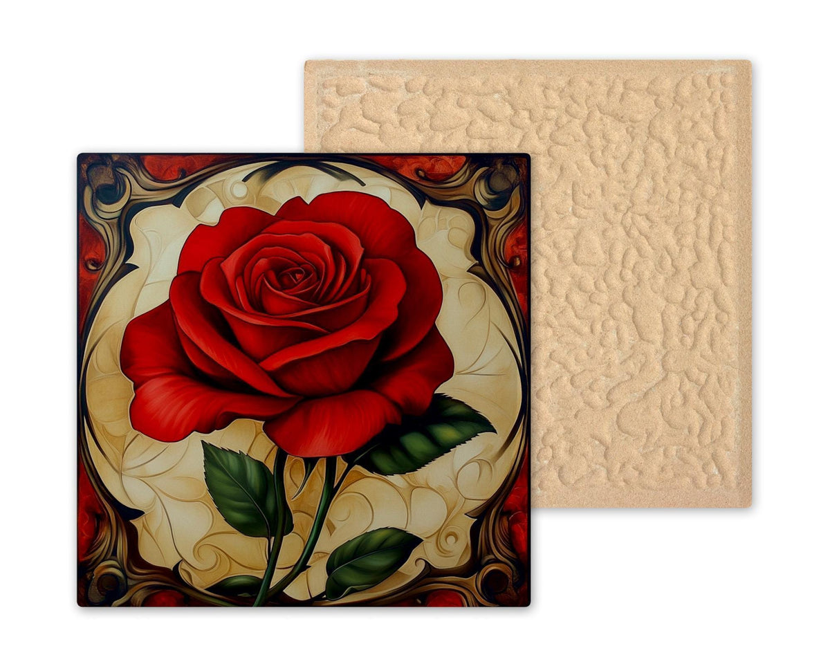 Rose Ceramic Art Tile – Art Nouveau Style, William Morris, Crimson Rose Lover Gift, Botanical Floral Nature Art Decor