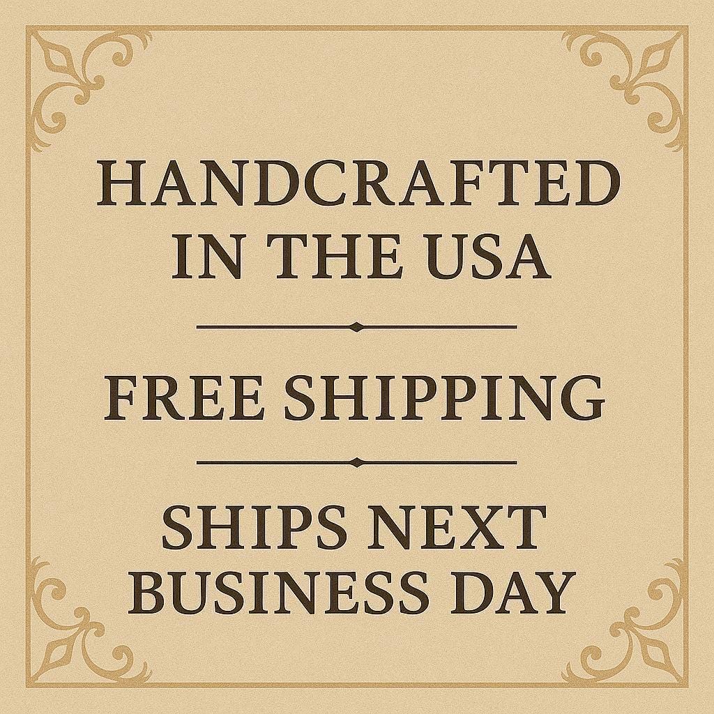 The image is a sign advertising a product, specifically a handmade item, that is free shipping and will be available for business the next day.