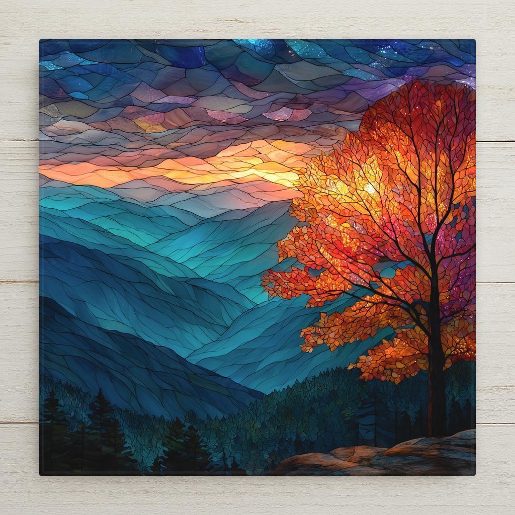 Blue Ridge Mountains stained glass-style ceramic tile wall art captures the sunrise glow over layered ridges and autumn trees. Perfect wall art and home decor accent. Includes options for tile wall hanger, easel stand, cork backing, or premium frame. (Printed artwork — not real stained glass or mosaic.)
