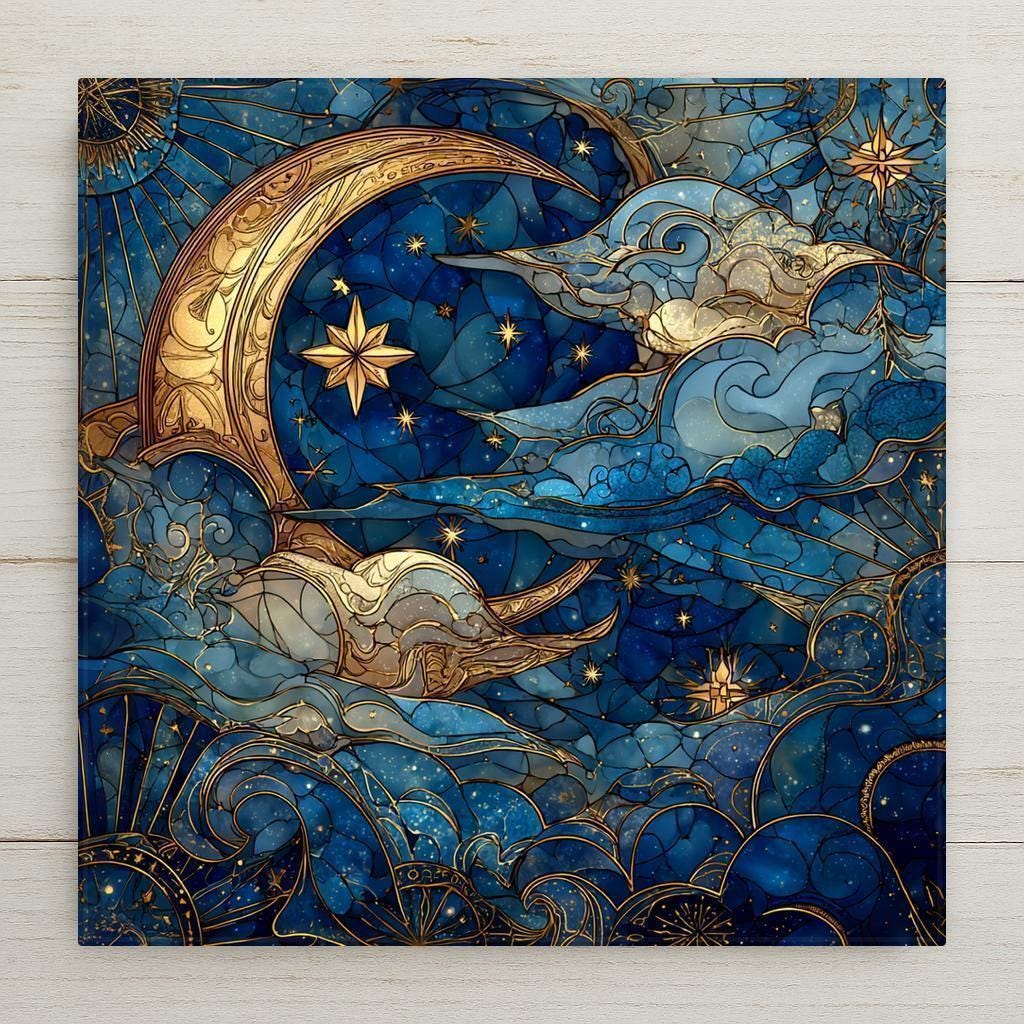 Stained glass style moon and stars ceramic tile wall art featuring a crescent moon, swirling clouds, and celestial night sky in deep blue and gold tones.