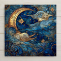 Stained glass style moon and stars ceramic tile wall art featuring a crescent moon, swirling clouds, and celestial night sky in deep blue and gold tones.