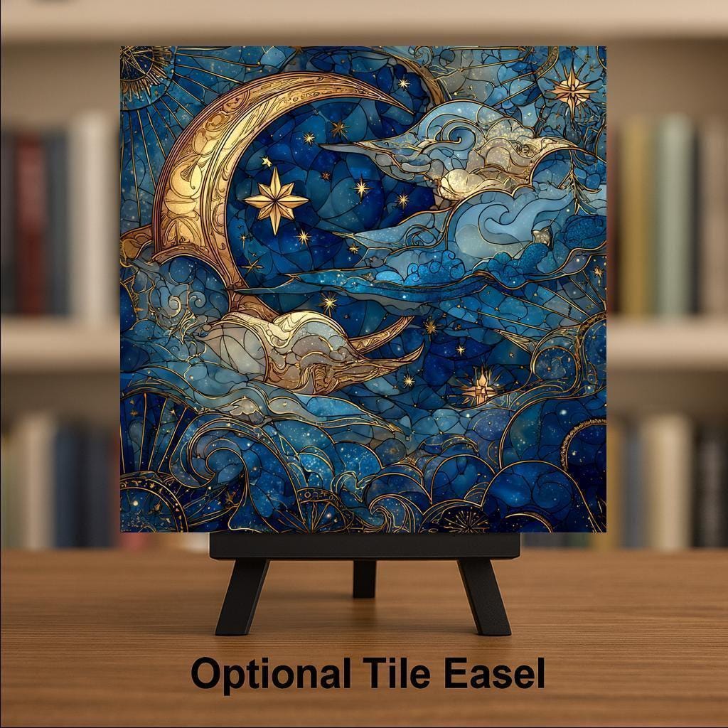 Moon & Stars Ceramic Tile Wall Art – Stained Glass Style Night Sky, Celestial Wall Decor, Mystical Home Decor