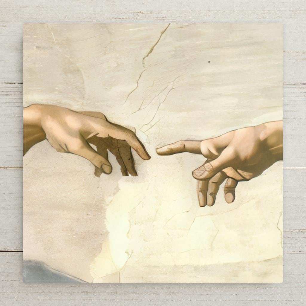 A timeless re-creation of Michelangelo’s Creation of Adam, this ceramic tile wall art brings Renaissance beauty and spiritual meaning into your home. Optional add-ons include a tile wall hanger, easel stand, cork backing, or premium frame for wall or tabletop display.