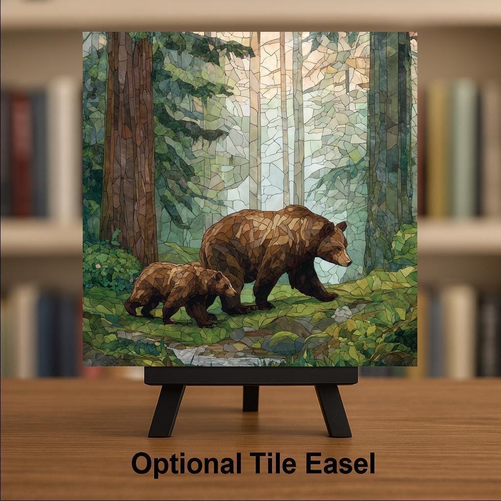 Bear and Cub Wall Art Ceramic Tile Stained Glass Style Woodland Gift Mother Bear Decor Nature Art