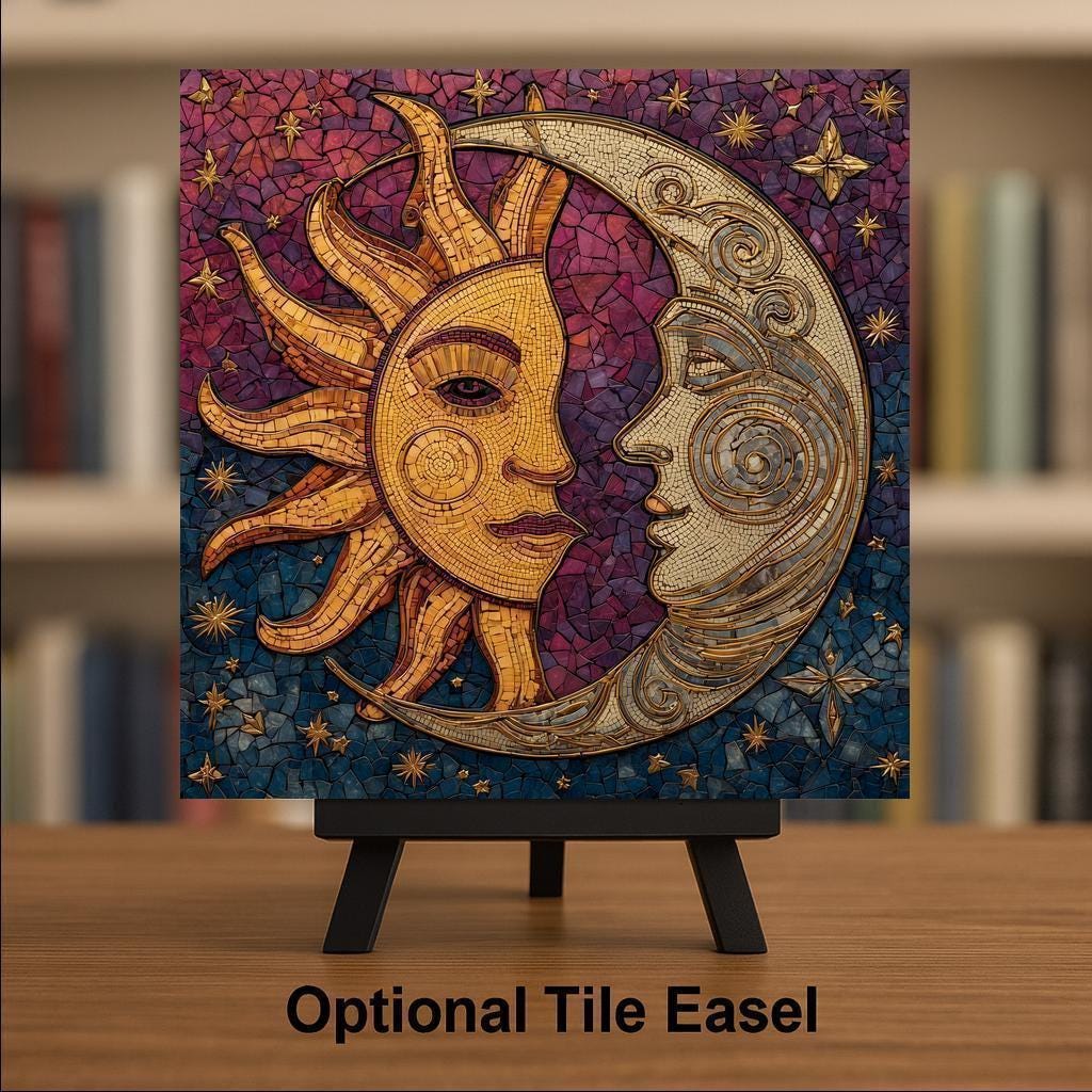 Sun and Moon Stained Glass Style Ceramic Art Tile – Celestial Cosmic Wall Decor, Spiritual Balance Gift