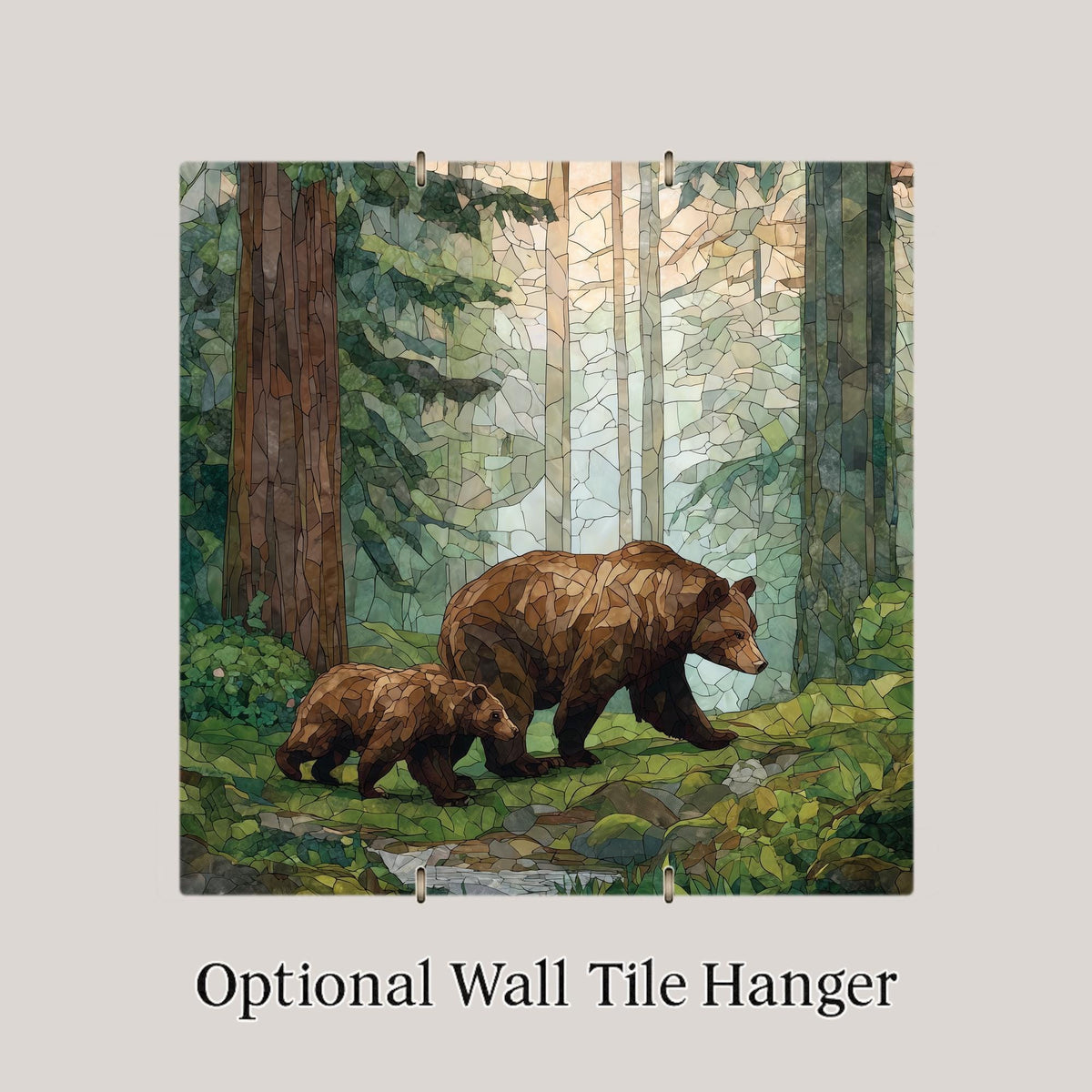 Bear and Cub Wall Art Ceramic Tile Stained Glass Style Woodland Gift Mother Bear Decor Nature Art