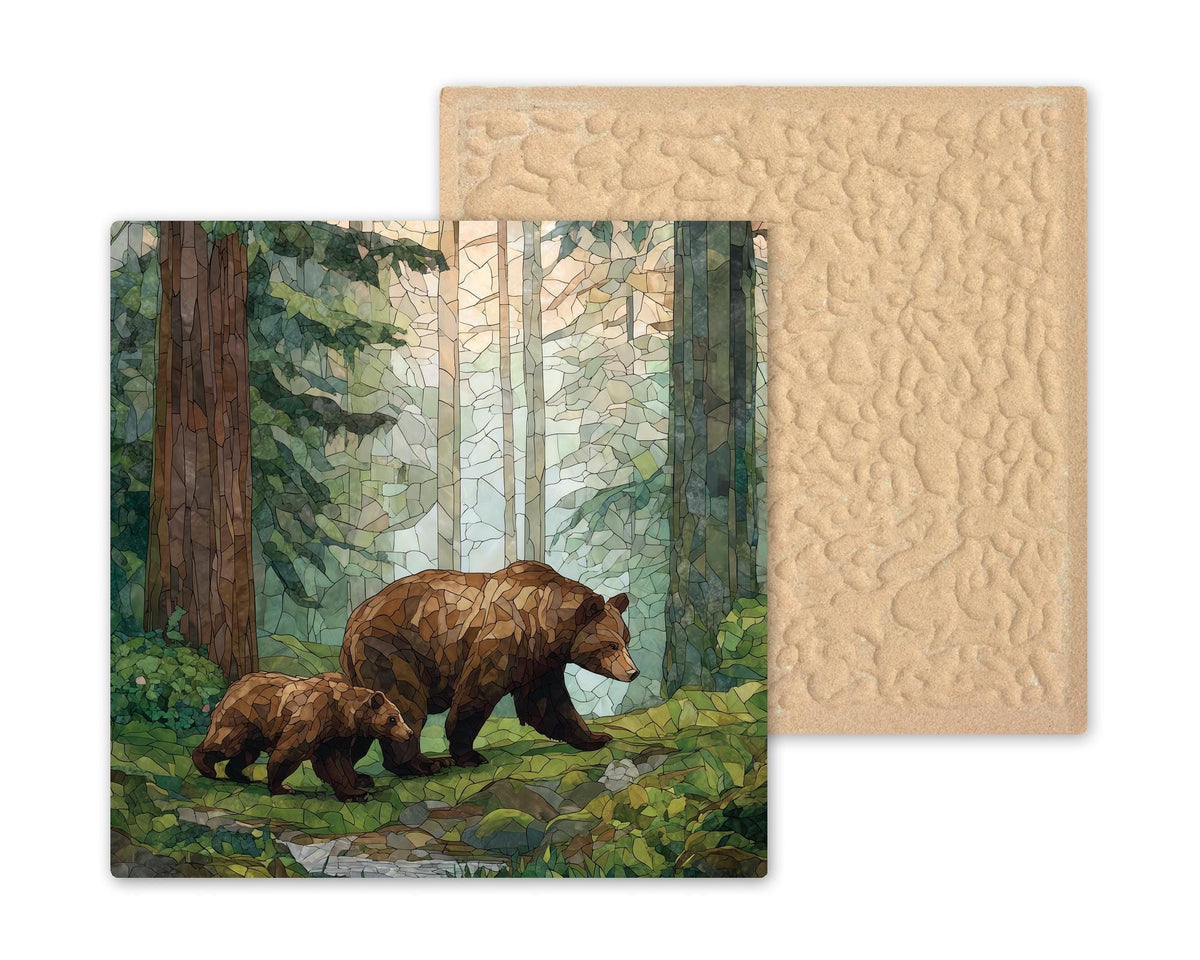 Bear and Cub Wall Art Ceramic Tile Stained Glass Style Woodland Gift Mother Bear Decor Nature Art