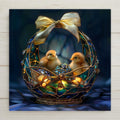 Luxury stained glass Easter basket with jewel tone eggs and two baby chicks, golden bow, candlelit glow ceramic tile wall art.