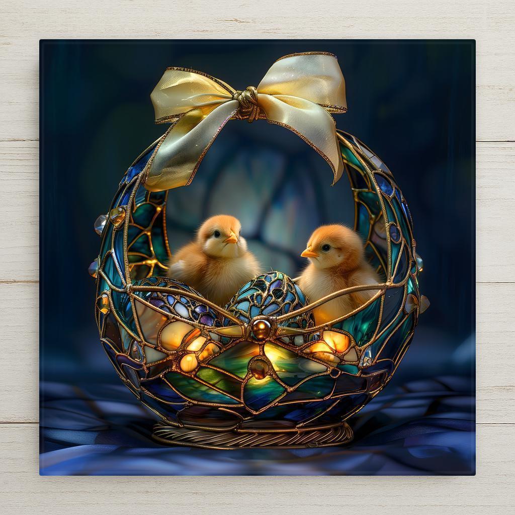Luxury stained glass Easter basket with jewel tone eggs and two baby chicks, golden bow, candlelit glow ceramic tile wall art.