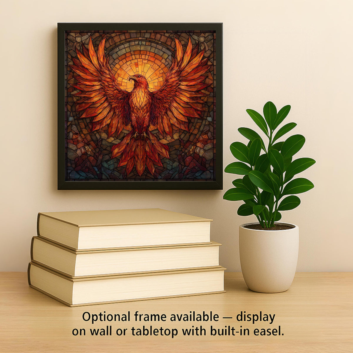 Phoenix Wall Art Ceramic Tile Stained Glass Style Rising Phoenix Gift Gold Sun Decor Fantasy Nature