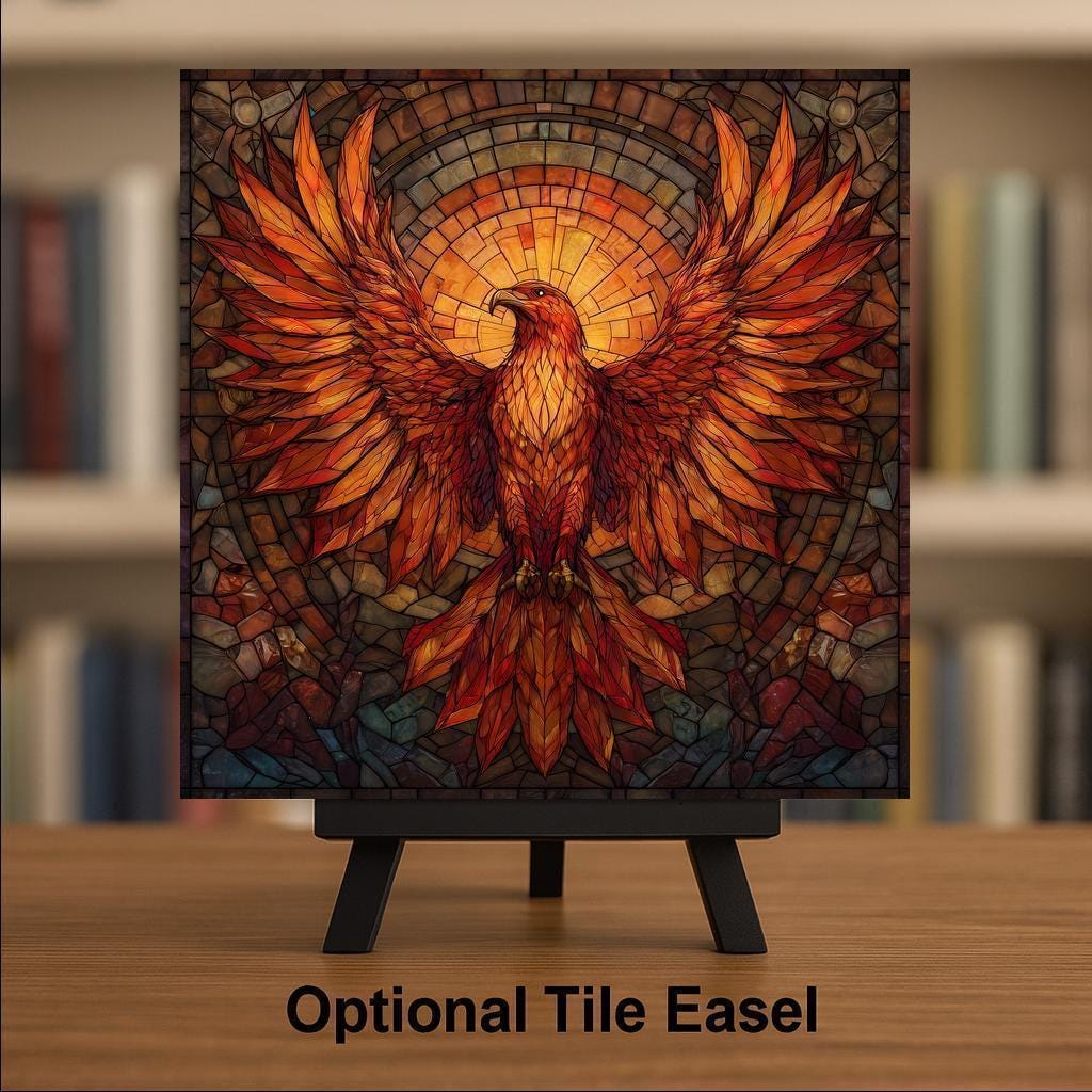 Phoenix Wall Art Ceramic Tile Stained Glass Style Rising Phoenix Gift Gold Sun Decor Fantasy Nature