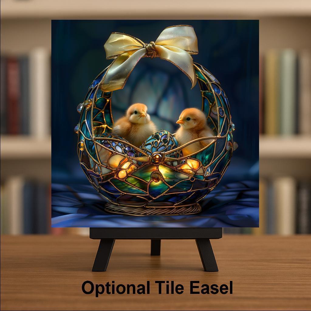 Stained Glass Easter Chick Basket Wall Art Ceramic Tile – Luxury Jewel Tone Spring Decor, Christian Easter Home Accent
