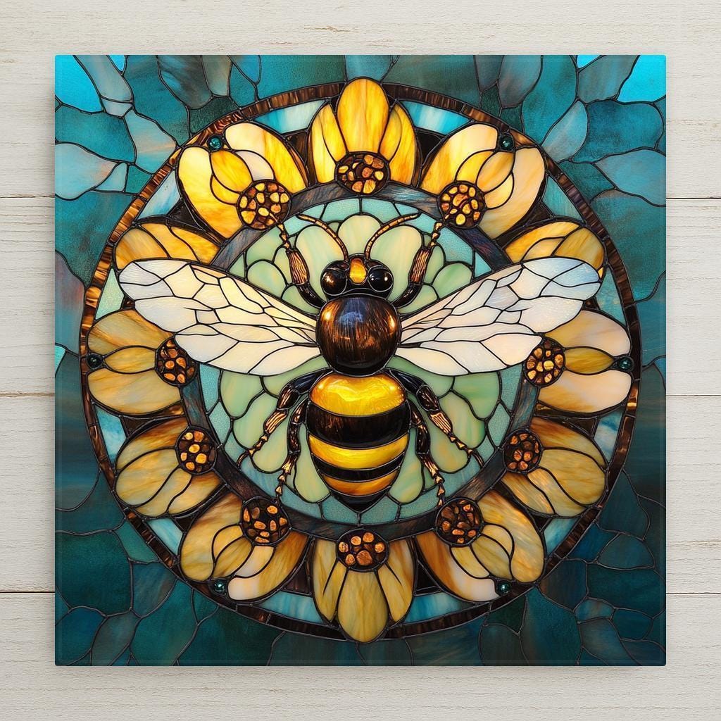 Stained glass bee mandala tile home decor. Ideal bee wall art, garden ceramic tile, sacred geometry decor, or bee lover gift. Beautiful pollinator art cottagecore tile wall decor.