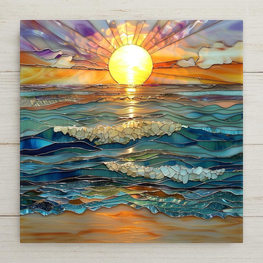 Ocean sunset ceramic tile featuring aqua waves and gold sun in stained glass style. Permanent ceramic print. Optional hanger, stand, or cork backing.