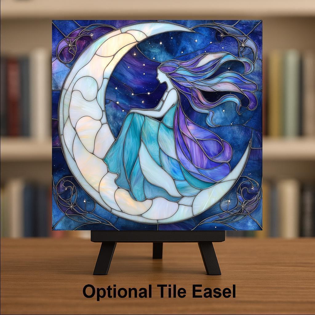 Moon Goddess Ceramic Art Tile: Night Sky Wall Decor Mystical Home Decor Celestial Wall Art Lunar Goddess Witchy Moon Celestial Night Art
