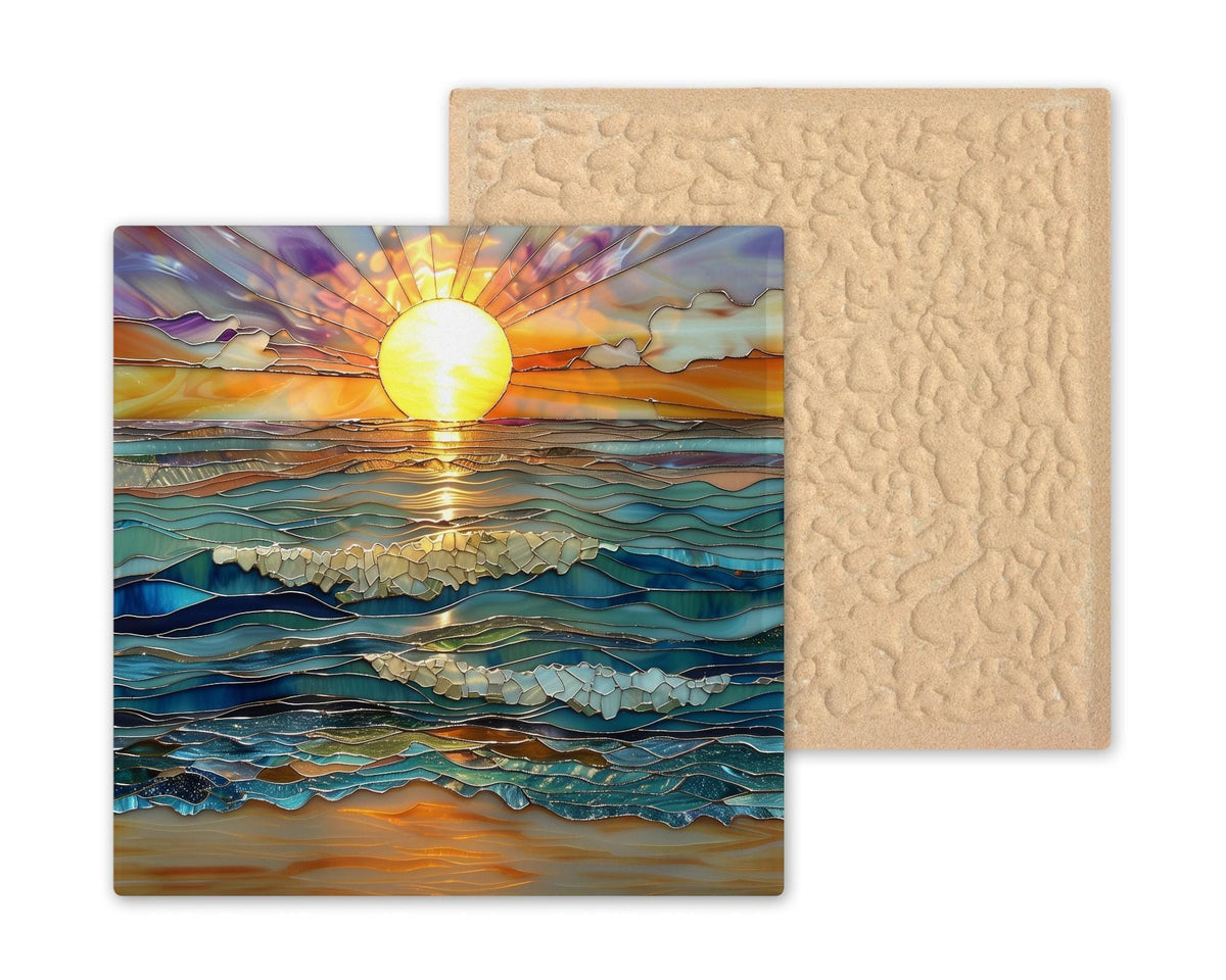 Ocean Waves Sunset Ceramic Tile: Coastal Beach House Wall Art