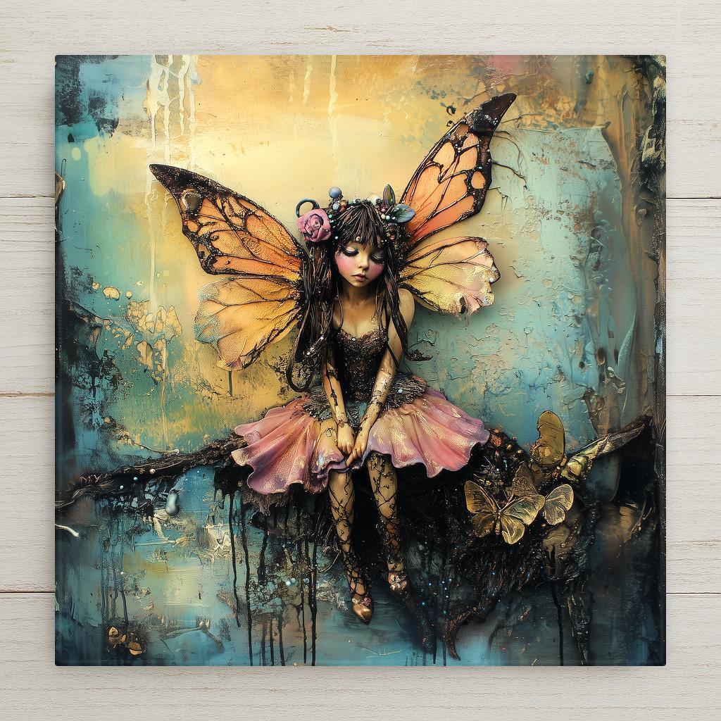 This coquette fairy ceramic tile features pastel wings, dreamy texture, and soft beauty—perfect fantasy wall art for feminine or fairycore décor.