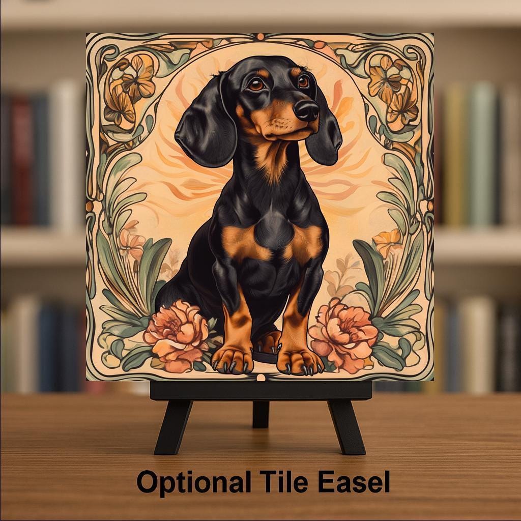 Dachshund Memorial Ceramic Art Tile – Dog Remembrance Rainbow Bridge Wall Decor, Art Nouveau Pet Loss Keepsake