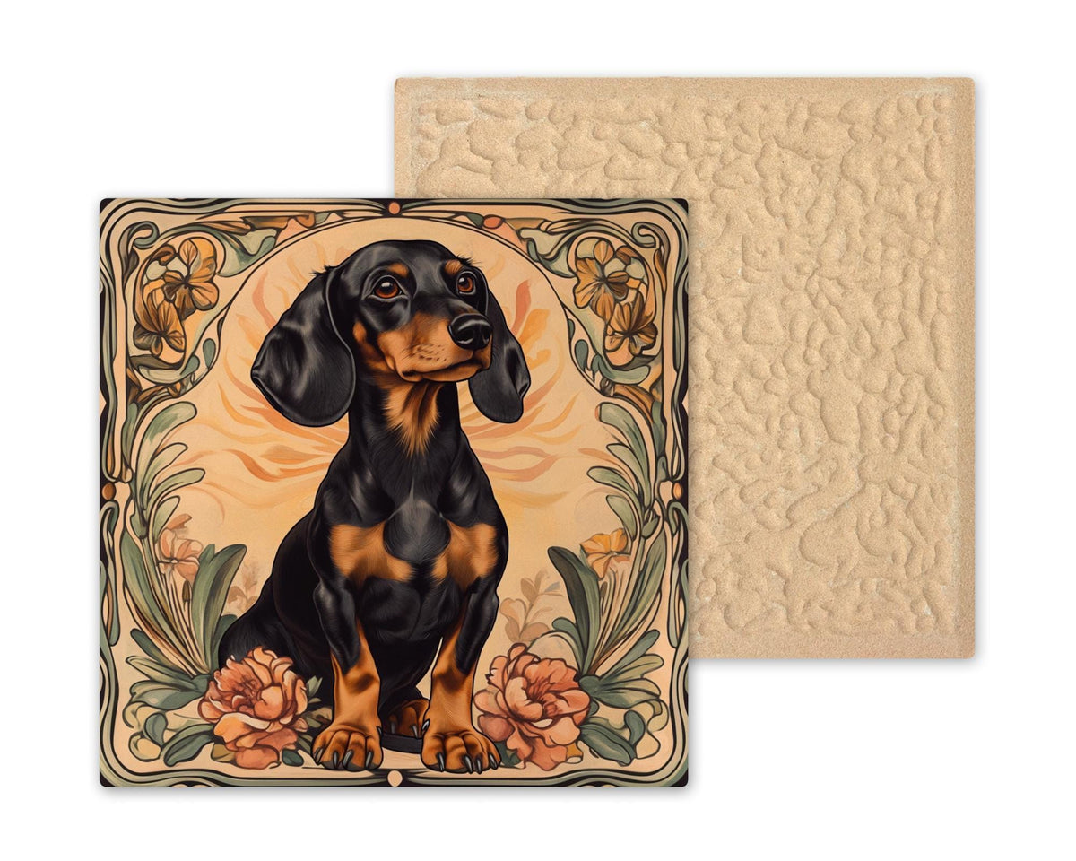 Dachshund Memorial Ceramic Art Tile – Dog Remembrance Rainbow Bridge Wall Decor, Art Nouveau Pet Loss Keepsake