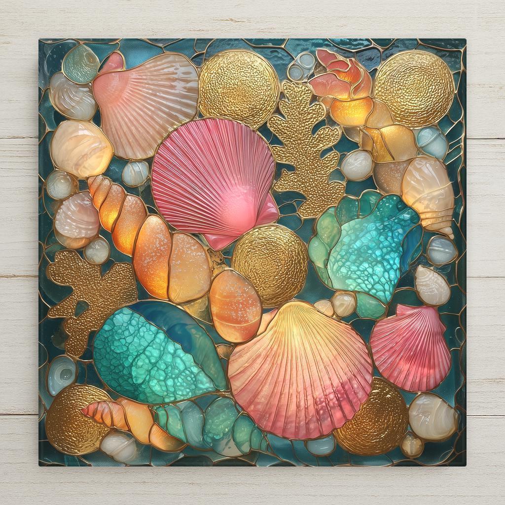 Coastal seashell mosaic ceramic tile wall art with stained-glass inspired design. Features coral, shells, and turquoise tones for stunning wall decor or home decor. Optional frame, wall hanger, easel, or cork backing available.