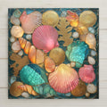 Coastal seashell mosaic ceramic tile wall art with stained-glass inspired design. Features coral, shells, and turquoise tones for stunning wall decor or home decor. Optional frame, wall hanger, easel, or cork backing available.