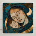 A calming stained glass–style wall art ceramic tile featuring a mother and child resting peacefully together, surrounded by flowing teal and gold tones. This peaceful home decor piece symbolizes comfort, rest, and connection. The artwork is a permanent print on ceramic tile, not real stained glass. Optional tile wall hanger, easel tile stand, cork backing, and premium frame options are available.