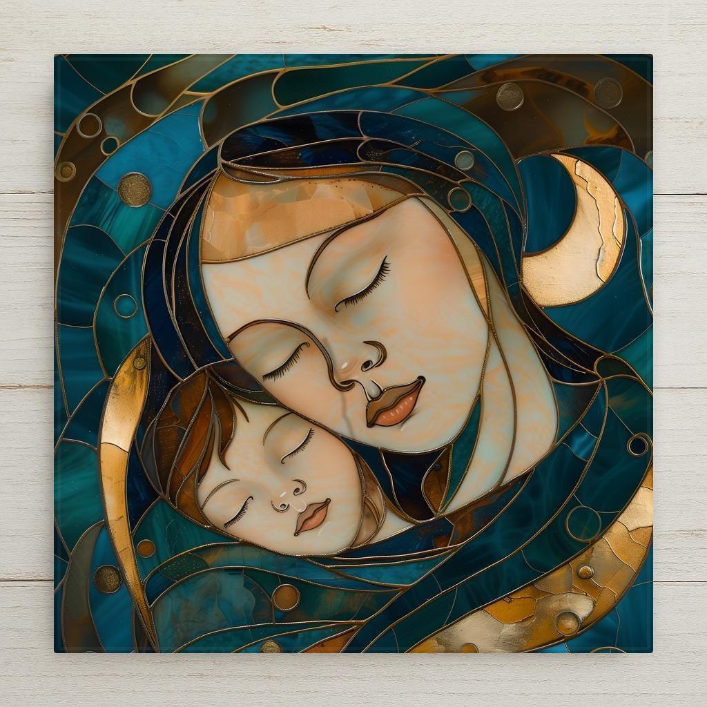 A calming stained glass–style wall art ceramic tile featuring a mother and child resting peacefully together, surrounded by flowing teal and gold tones. This peaceful home decor piece symbolizes comfort, rest, and connection. The artwork is a permanent print on ceramic tile, not real stained glass. Optional tile wall hanger, easel tile stand, cork backing, and premium frame options are available.