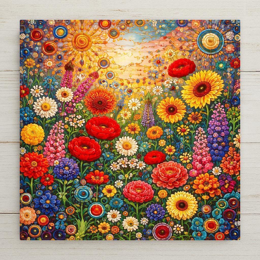Floral meadow wall art ceramic tile featuring a vibrant wildflower garden with layered blooms, bold colors, and circular accents in a stained glass–inspired botanical design for nature-inspired home decor.