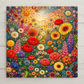 Floral meadow wall art ceramic tile featuring a vibrant wildflower garden with layered blooms, bold colors, and circular accents in a stained glass–inspired botanical design for nature-inspired home decor.