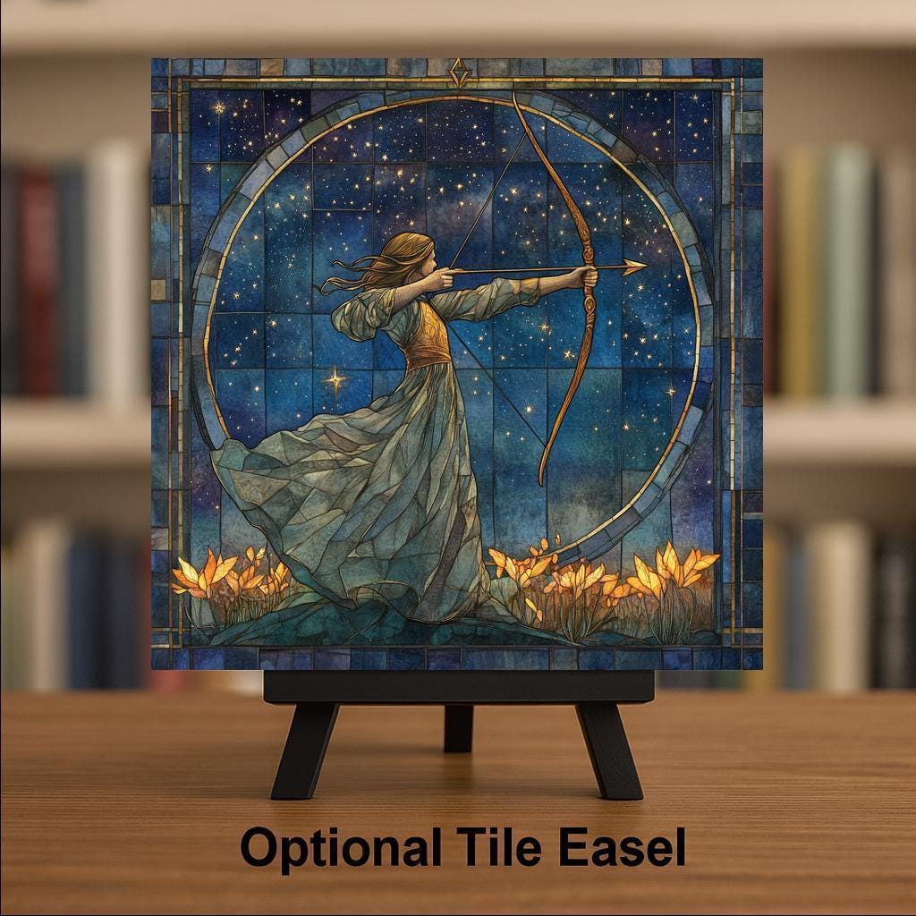 Sagittarius Zodiac Ceramic Art Tile – Celestial Stained Glass Style Wall Decor, Astrology Birthday Gift