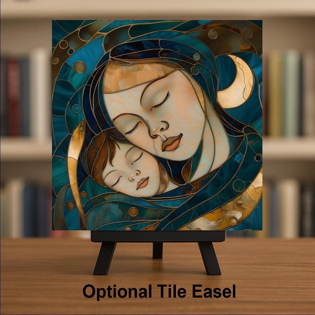 Mother and Child Calming Wall Art Ceramic Tile – Stained Glass Style, Peaceful Home Decor