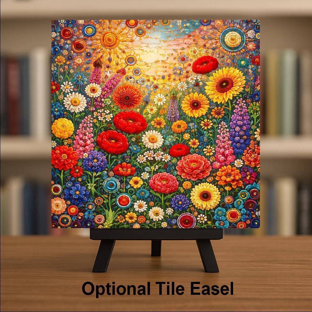 Floral Meadow Ceramic Art Tile – Stained Glass Style Wildflower Wall Decor, Colorful Botanical Garden Gift